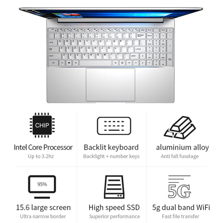 HONGSAMDE F158G Notebook, 15.6 inch, 8GB+128GB, Windows 10 Intel Core i3-6157U Dual Core Up to 2.40 GHz, Support TF Card & Bluetooth & WiFi & Micro HDMI, US Plug(Silver)