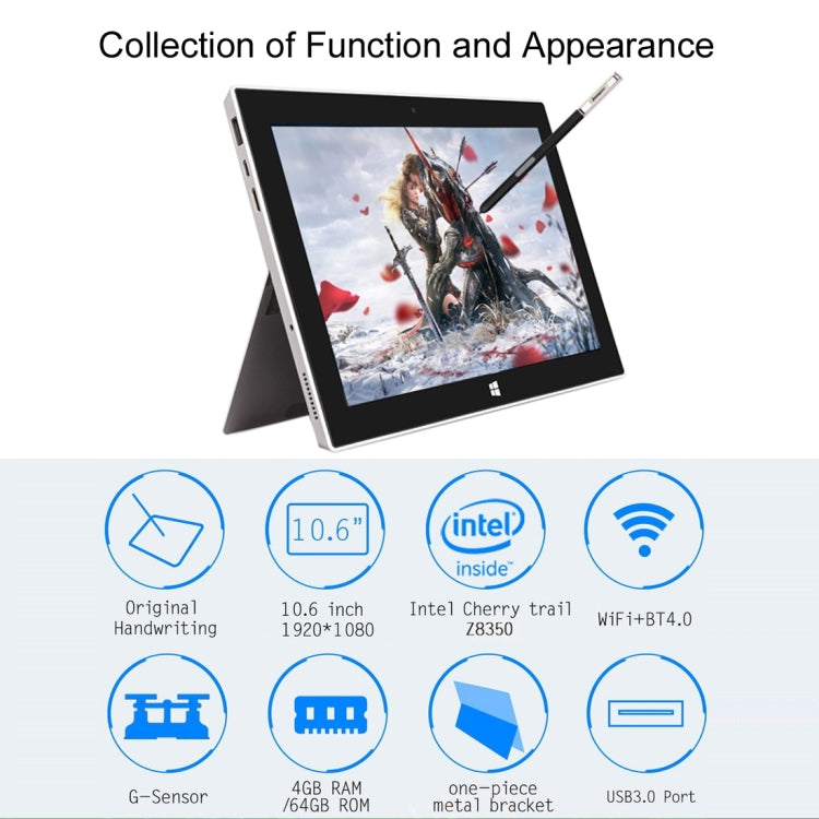 Jumper EZpad 6 M4 Tablet PC, 10.6 inch, 4GB+64GB, One-piece Metal Bracket, Windows 10 Intel Cherry Trail Z8350 Quad Core 1.44Ghz, Support TF Card & Bluetooth & WiFi(Silver)