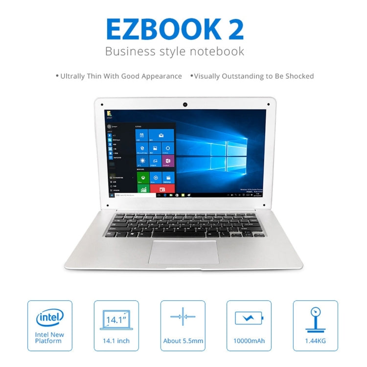 Jumper EZbook 2 Laptop, 14.1 inch, 2GB+64GB, 10000mAh Battery, Windows 10 Intel Cherry Trail Z8300 Quad Core 1.34Ghz, Support Mini SD Card & HDMI(Silver)