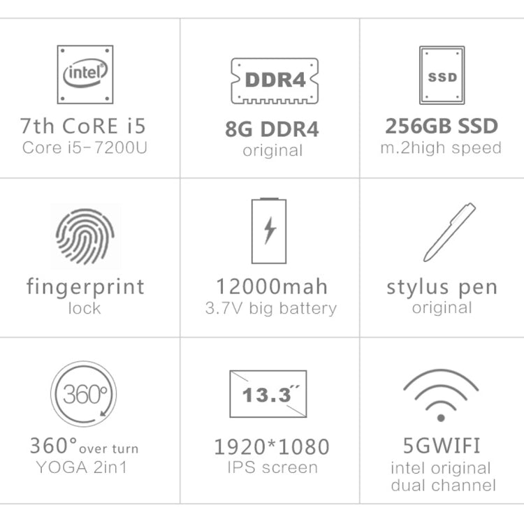 VOYO VBOOK V3 i5 7200U Tablet PC, 13.3 inch, 8GB+256GB SSD, Fingerprint Identification, 12000mAh Battery, Windows 10 Intel kabylake Core i5-7200U Dual Core 2.5Ghz, Support 360 Degree Turning & TF Card & Bluetooth & WiFi(Gold)