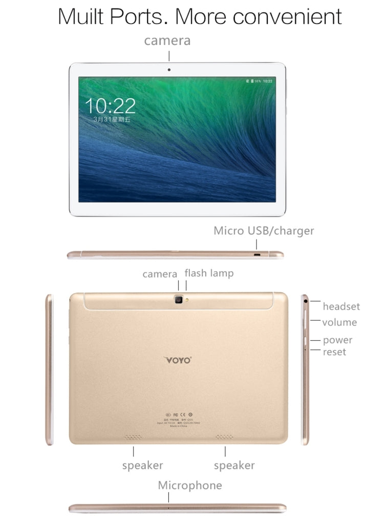VOYO Q101 4G Call Tablet, 10.1 inch, 2GB+32GB, Android 6.0 MT6753 Octa Core 1.5GHz, Network: 4G, Support OTG & GPS  & Dual SIM & Bluetooth & WiFi(Gold)