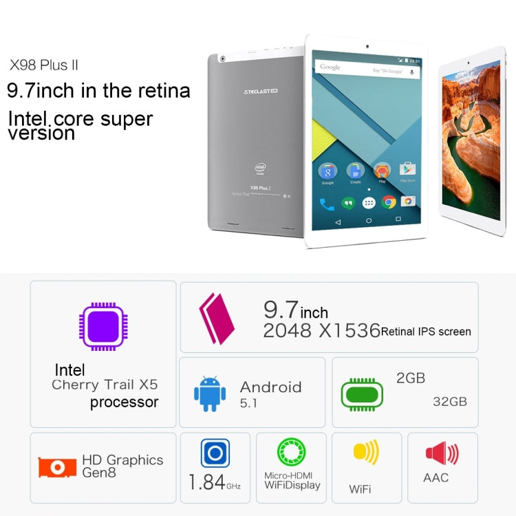 Teclast X98 Plus II Android Tablet, 2GB+32GB, Dual Camera, with DC Port, 8000mAh Big Battery, 9.7 inch Android 5.1 OS, Intel Cherry Trail X5 1.84GHz, Support 128GB TF Card, Bluetooth, WiFi, WiFiDisplay, OTG
