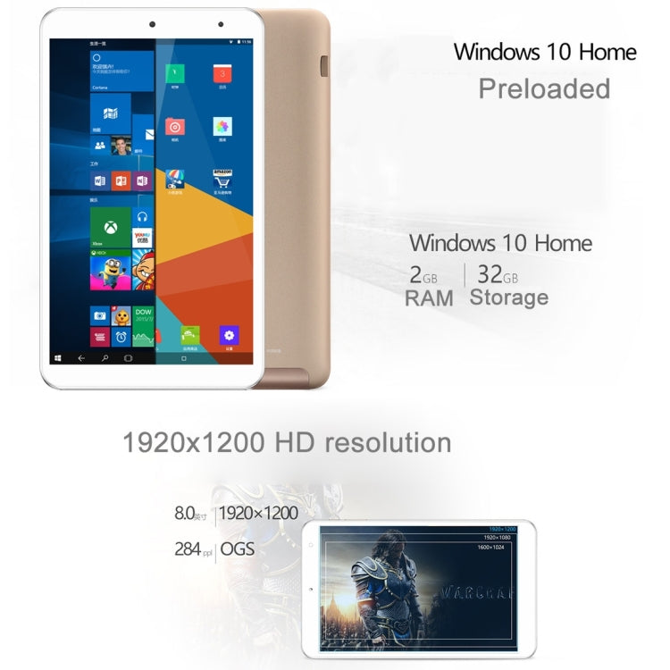ONDA V80 Plus Dual OS Tablet, 8.0 inch, 2GB+32GB, CE / FCC / ROHS / WEEE Certificated, Dual Camera, Windows 10 Home + Android 5.1 Dual OS, Intel Cherry Trail X5-Z8350 1.84GHz, RAM: 2GB(Champagne Gold)