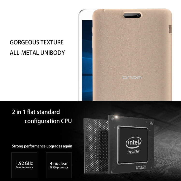 ONDA V80 Plus Dual OS Tablet, 8.0 inch, 2GB+32GB, CE / FCC / ROHS / WEEE Certificated, Dual Camera, Windows 10 Home + Android 5.1 Dual OS, Intel Cherry Trail X5-Z8350 1.84GHz, RAM: 2GB(Champagne Gold)