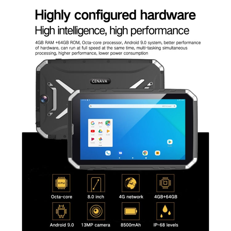 CENAVA-Q802 Triple Proofing Tablet PC, 8.0 inch, 4GB+64GB, Support Google Play, 4G Phone Call, IP68 Waterproof Shockproof Dustproof, Android 9.0, MTK6762 Octa Core 2.0GHz, Support OTG/GPS/NFC/WiFi/BT/TF Card(Black)
