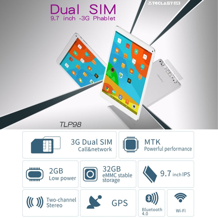 Teclast TLP98 3G Call Tablet, 9.7 inch, 2GB+32GB, Android 4.4 MT6582 Quad Core 1.3GHz, Network: 3G, Support OTG & GPS & Dual SIM & Bluetooth & WiFi (White + Silver)
