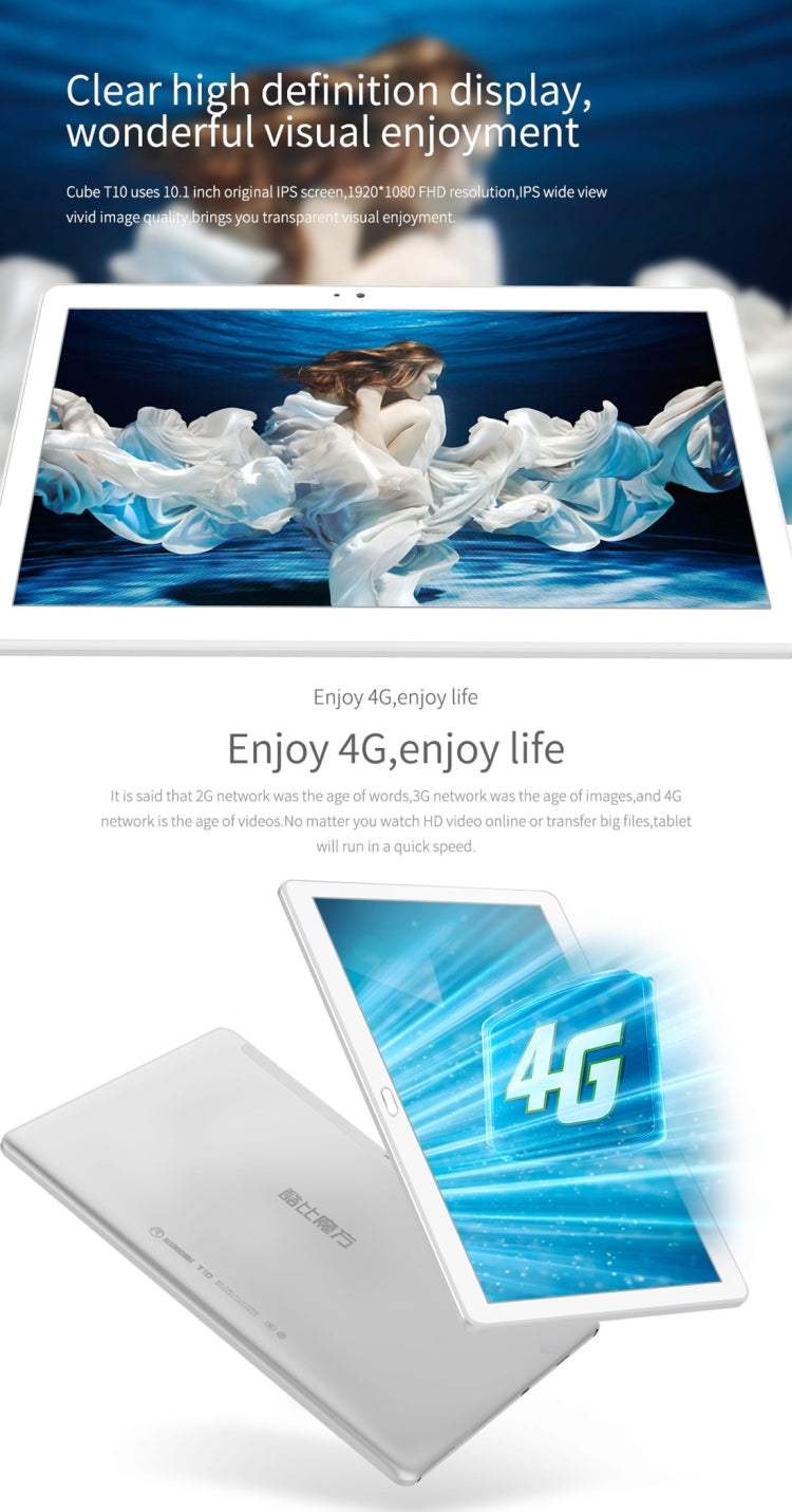 Cube T10 Tablet PC, 2GB+32GB, 4G Phone Call, 10.1 inch Android 6.0 MTK8783 Octa Core up to 1.3GHz, OTG, WiFi, BT, FM, GPS(White)
