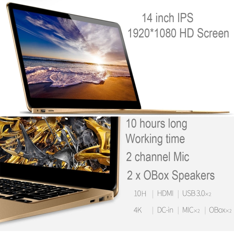 ONDA Xiaoma 41, 14 inch, 4GB+64GB, CE / FCC / ROHS / WEEE Certificated, Windows 10 Home Intel Celeron Apollo Lake Quad Core up to 2.2GHz, Support 256GB TF, WiFi, BT, 4K Video Playback, HDMI(Gold)