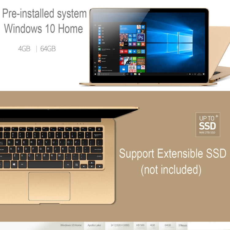 ONDA Xiaoma 41, 14 inch, 4GB+64GB, CE / FCC / ROHS / WEEE Certificated, Windows 10 Home Intel Celeron Apollo Lake Quad Core up to 2.2GHz, Support 256GB TF, WiFi, BT, 4K Video Playback, HDMI(Gold)
