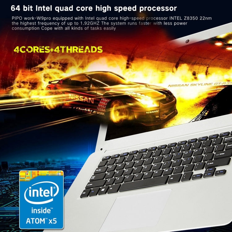 PiPO W9 Pro Laptop, 14.1 inch, 4GB+64GB, Windows 10, Intel Cherry Trail Z8350 Quad Core up to 1.92GHz, WiFi, HDMI, Bluetooth(Silver)