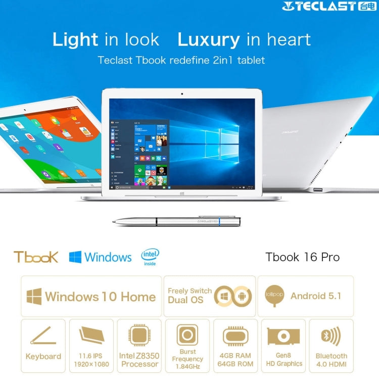 Teclast Tbook 16 Pro Dual OS Tablet, 11.6 inch, 4GB+64GB, Windows 10 Home & Android 5.1, Intel Cherry Trail Z8350 1.84GHz, Support OTG, HDMI