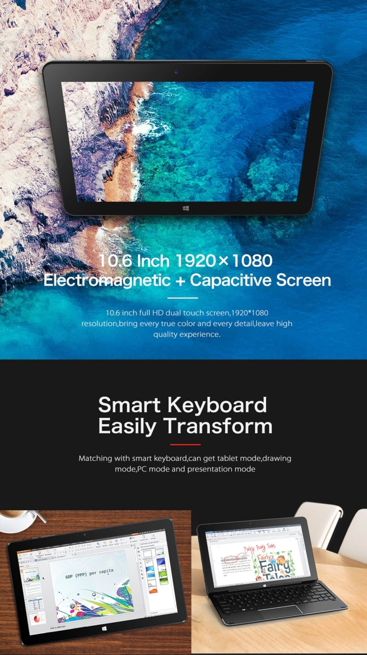 CUBE i7 Book Tablet PC 64GB, 10.6 inch Windows 10 Intel Core M3 Skylake 6Y30 1.51GHz-2.2GHz, RAM: 4GB