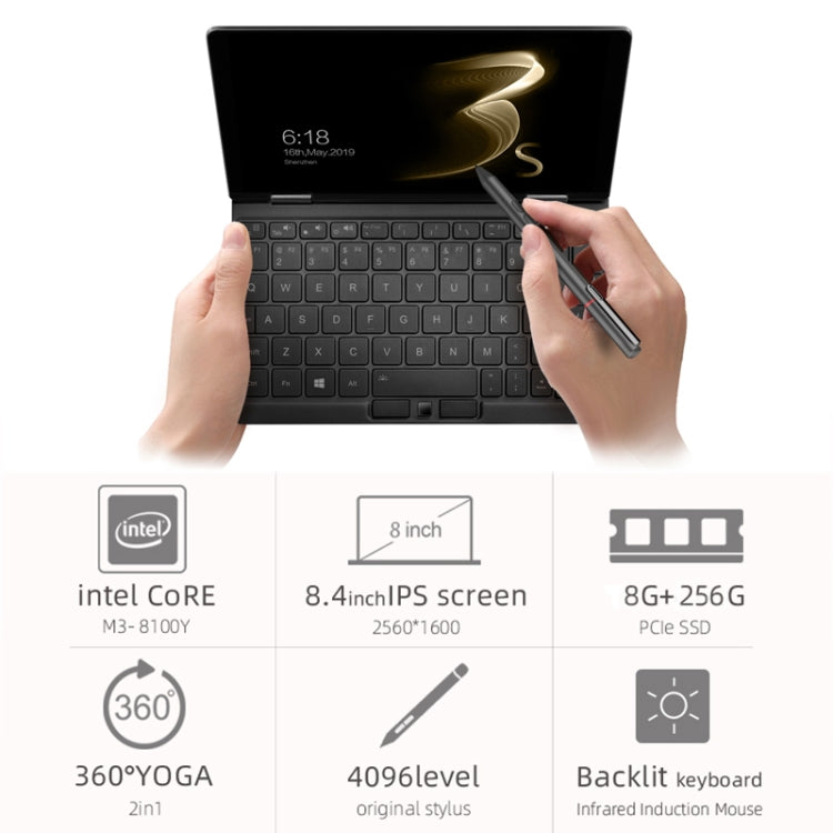 ONE-NETBOOK OneMix 3s Laptop, 8.4 inch, 8GB+256GB, Windows 10 Home, Intel CoRE M3-8100Y, Support Dual Band WiFi & Bluetooth & Fingerprint Unlock(Black)