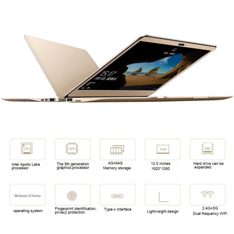 ONDA Xiaoma 21 Laptop, 12.5 inch, 4GB+64GB, Fingerprint Identification, Windows 10, Intel Apollo Lake N3450 Quad Core 2.2GHz, Support TF Card & SSD Extension, Dual Band WiFi, Bluetooth, US Plug(Gold)