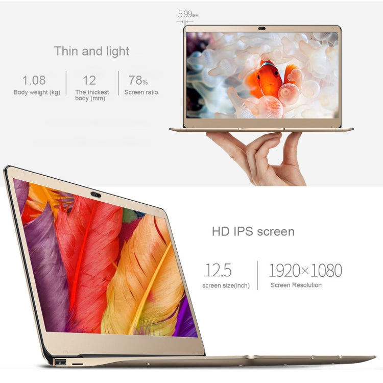 ONDA Xiaoma 21 Laptop, 12.5 inch, 4GB+64GB, Fingerprint Identification, Windows 10, Intel Apollo Lake N3450 Quad Core 2.2GHz, Support TF Card & SSD Extension, Dual Band WiFi, Bluetooth, US Plug(Gold)