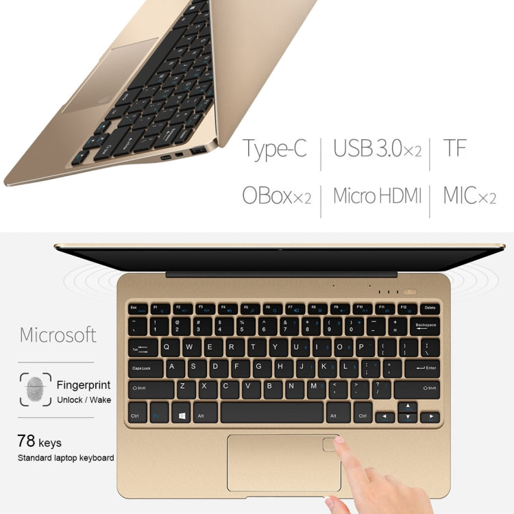 ONDA Xiaoma 21 Laptop, 12.5 inch, 4GB+64GB, Fingerprint Identification, Windows 10, Intel Apollo Lake N3450 Quad Core 2.2GHz, Support TF Card & SSD Extension, Dual Band WiFi, Bluetooth, US Plug(Gold)