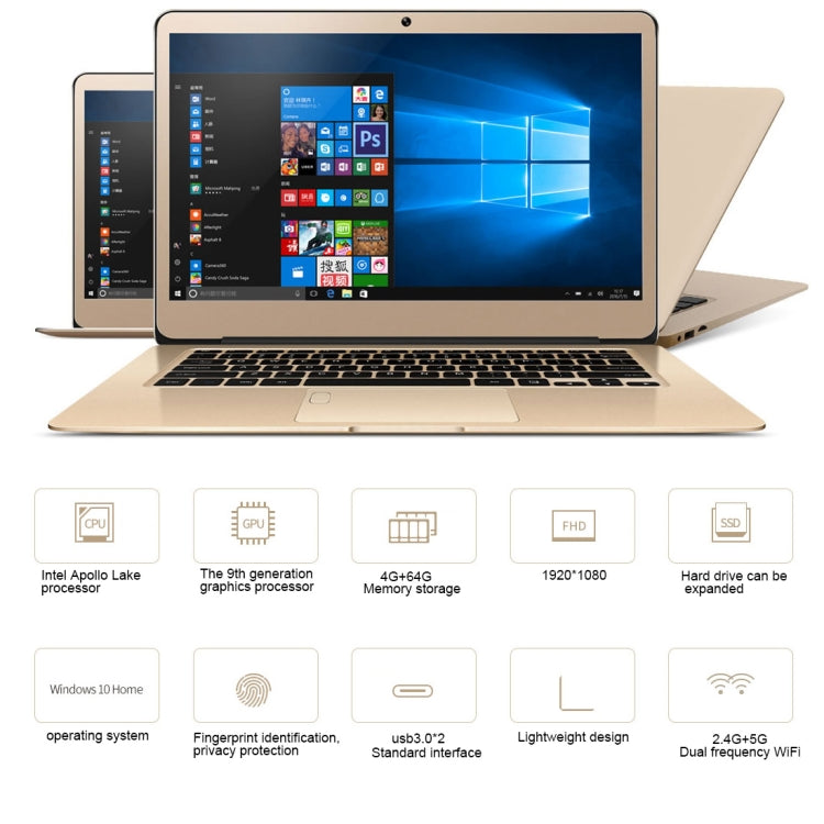 ONDA Xiaoma 31 Laptop, 13.3 inch, 4GB+64GB, Fingerprint Identification, Windows 10, Intel Apollo Lake N3450 Quad Core 2.2GHz, Support TF Card & SSD Extension, Dual Band WiFi, Bluetooth, US Plug(Gold)