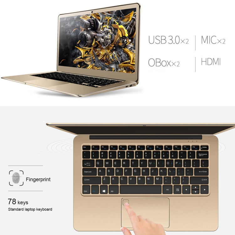 ONDA Xiaoma 31 Laptop, 13.3 inch, 4GB+64GB, Fingerprint Identification, Windows 10, Intel Apollo Lake N3450 Quad Core 2.2GHz, Support TF Card & SSD Extension, Dual Band WiFi, Bluetooth, US Plug(Gold)