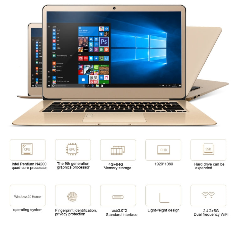 ONDA Xiaoma 31 Laptop, 13.3 inch, 4GB+64GB, Fingerprint Identification, Windows 10, Intel Pentium N4200 Quad Core 2.5GHz, Support TF Card & SSD Extension, Dual Band WiFi, Bluetooth, US Plug(Gold)