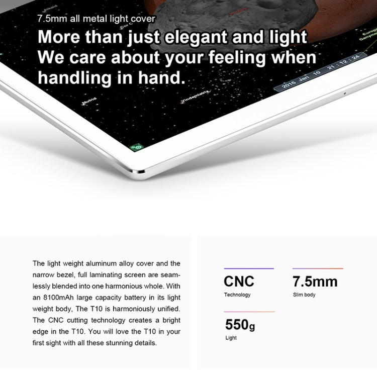Teclast T10 Tablet, 4GB+64GB, Fingerprint Identification, 8100mAh Battery, 10.1 inch Android 7.0 MTK8176 Hexa Core 1.7GHz, Support OTG & GPS & Bluetooth & Dual Band WiFi, US Plug(Silver)