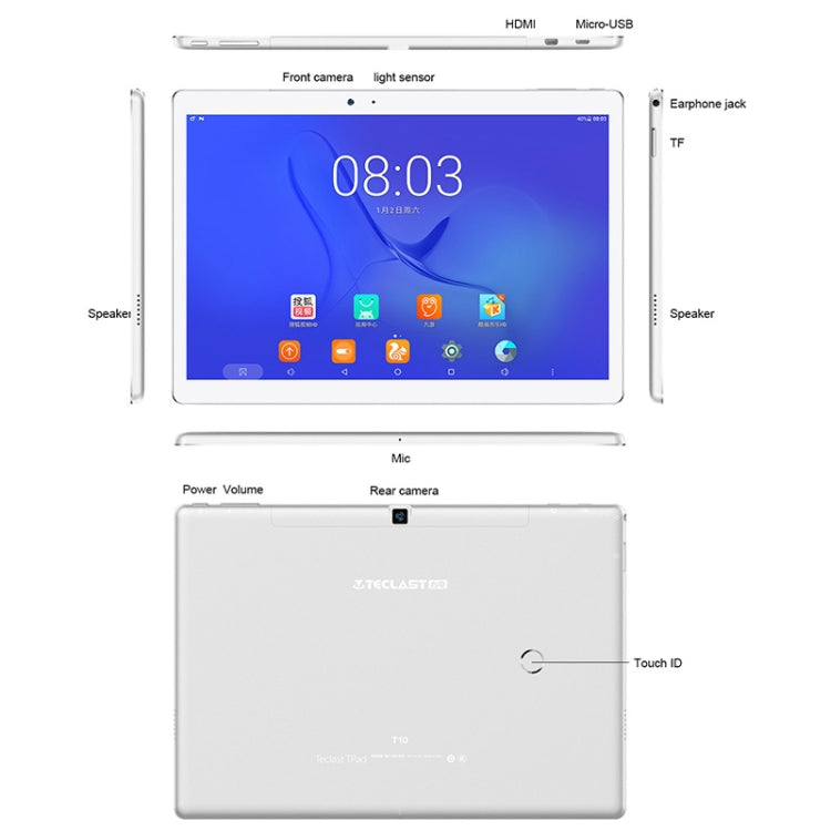 Teclast T10 Tablet, 4GB+64GB, Fingerprint Identification, 8100mAh Battery, 10.1 inch Android 7.0 MTK8176 Hexa Core 1.7GHz, Support OTG & GPS & Bluetooth & Dual Band WiFi, US Plug(Silver)