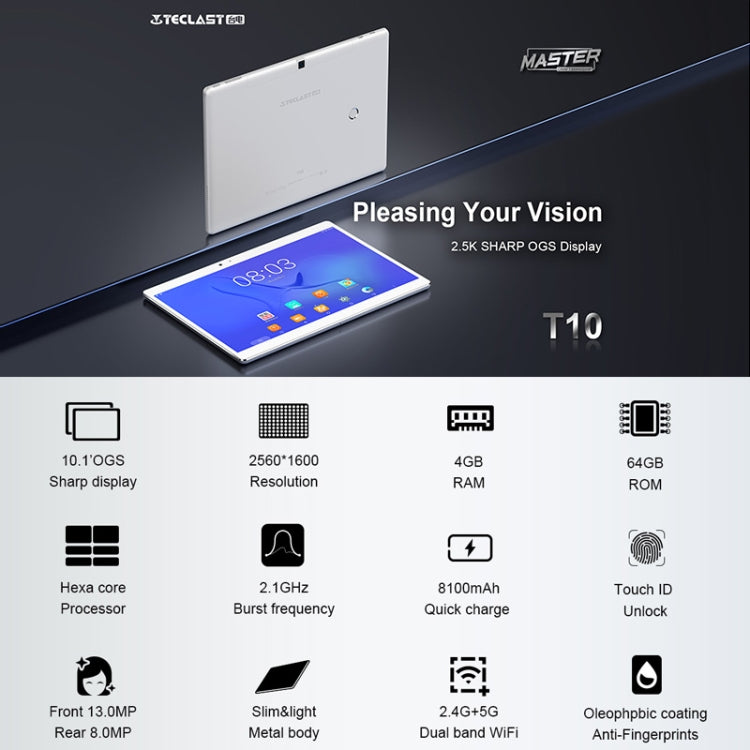 Teclast T10 Tablet, 4GB+64GB, Fingerprint Identification, 8100mAh Battery, 10.1 inch Android 7.0 MTK8176 Hexa Core 1.7GHz, Support OTG & GPS & Bluetooth & Dual Band WiFi, US Plug(Silver)