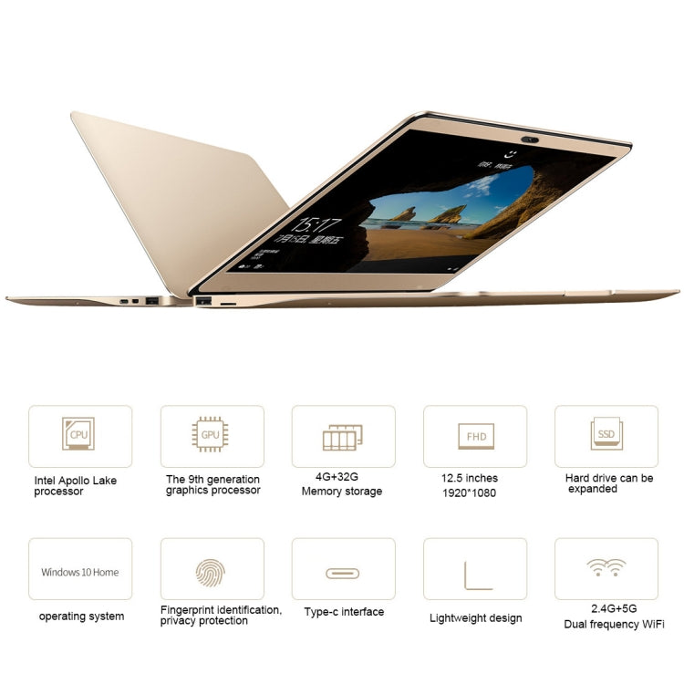ONDA Xiaoma 21 Laptop, 12.5 inch, 4GB+32GB, Fingerprint Identification, Windows 10, Intel Apollo Lake N3450 Quad Core 2.2GHz, Support TF Card & SSD Extension, Dual Band WiFi, Bluetooth, US Plug(Gold)