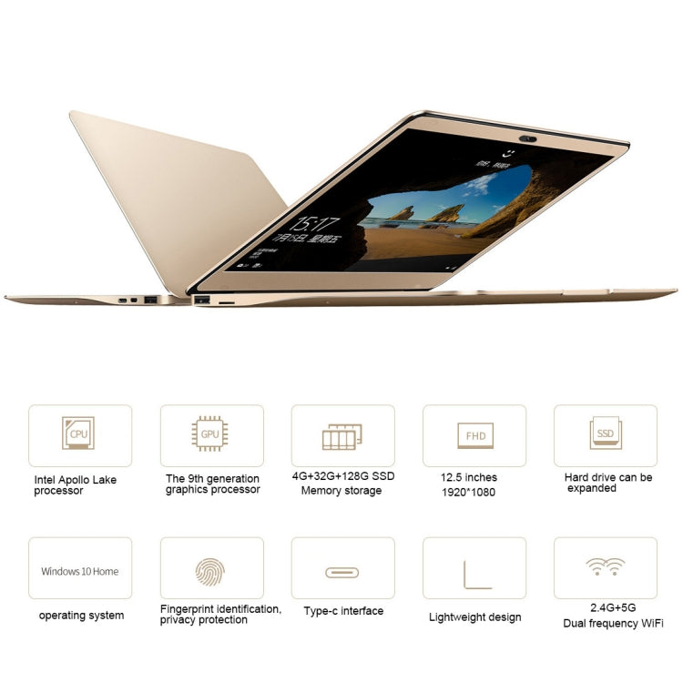 ONDA Xiaoma 21 Laptop, 12.5 inch, 4GB+32GB+128GB SSD, Fingerprint Identification, Windows 10, Intel Apollo Lake N3450 Quad Core 2.2GHz, Support TF Card Extension, Dual Band WiFi, Bluetooth, US Plug(Gold)