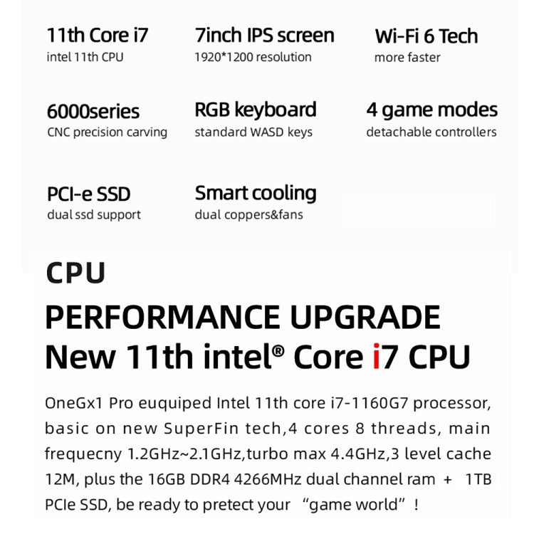 OneGx1 Pro PC Mini Laptop, 7.0 inch, 16GB+1TB, WiFi Version, Windows 10, Intel Core i7-1160G7 1.2-2.1GHz, Urbo 4.4GHz, 12000mAh Battery, Support  WiFi & BT, with GamePad(Black)