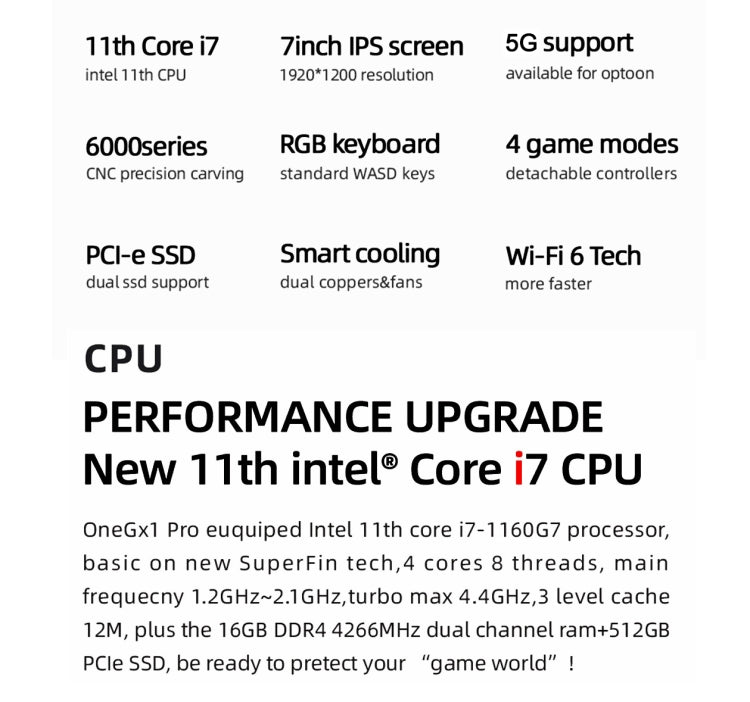 OneGx1 Pro PC Mini Laptop, 7.0 inch, 16GB+512GB, 5G Network, Windows 10, Intel Core i7-1160G7 1.2-2.1GHz, Urbo 4.4GHz, 12000mAh Battery, Support  WiFi & BT, with GamePad(Black)