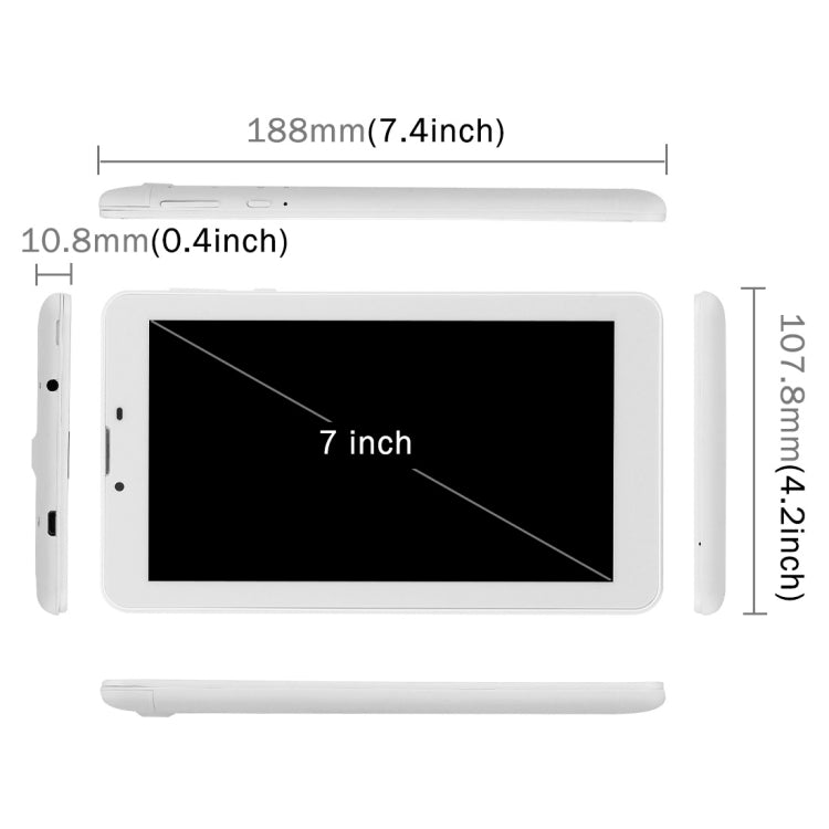 4G Phone Call Tablet PC, 7.0 inch, 1GB+8GB, Android 6.0 MTK8735M Quad Core ARM Cortex A53 1.0GHz, OTG, WiFi, Bluetooth, GPS, Dual SIM(White)