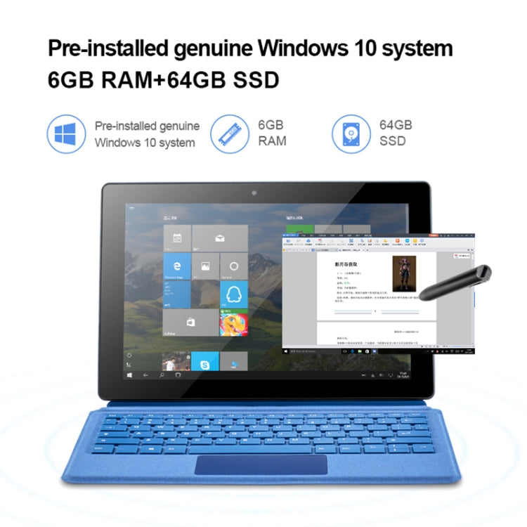 W10 2 in 1 Tablet PC, 10.1 inch, 6GB+64GB, Windows 10 System, Intel Gemini Lake N4120 Quad Core up to 2.6GHz, with Keyboard & Stylus Pen, Support Dual Band WiFi & Bluetooth & TF Card & HDMI, US Plug