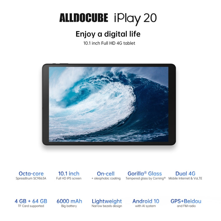 ALLDOCUBE iPlay 20 4G Call Tablet, 10.1 inch, 4GB+64GB, Android 10.0 Spreadtrum SC9863A Octa Core up to 1.6GHz, Support GPS & FM & Bluetooth & Dual Band WiFi & Dual SIM, Support Google Play(Black)