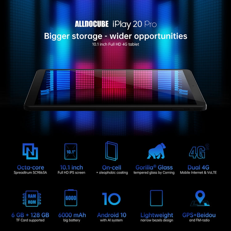ALLDOCUBE iPlay 20 Pro 4G Call Tablet, 10.1 inch, 6GB+128GB, Android 10 Spreadtrum SC9863A Octa Core up to 1.6GHz, Support GPS & OTG & Bluetooth & Dual Band WiFi & Dual SIM, Support Google Play(Black)