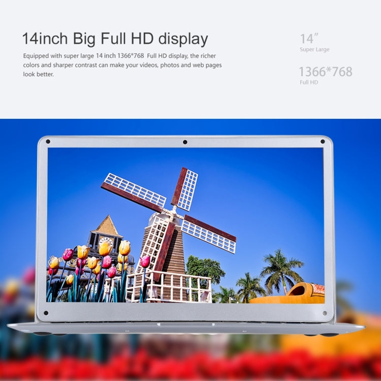 H141-2 Ultrabook, 14.1 inch, 4GB+64GB, Windows 10 Professional Edition Intel N3060 or Intel N3050 or N3350 or Z8350 or Z8300 Quad Core Up to 1.92Ghz, Random CPU Delivery, Support TF Card & Bluetooth & WiFi, US/EU Plug(Silver)