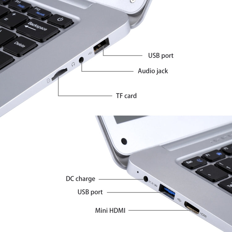 H141-2 Ultrabook, 14.1 inch, 4GB+64GB, Windows 10 Professional Edition Intel N3060 or Intel N3050 or N3350 or Z8350 or Z8300 Quad Core Up to 1.92Ghz, Random CPU Delivery, Support TF Card & Bluetooth & WiFi, US/EU Plug(Silver)