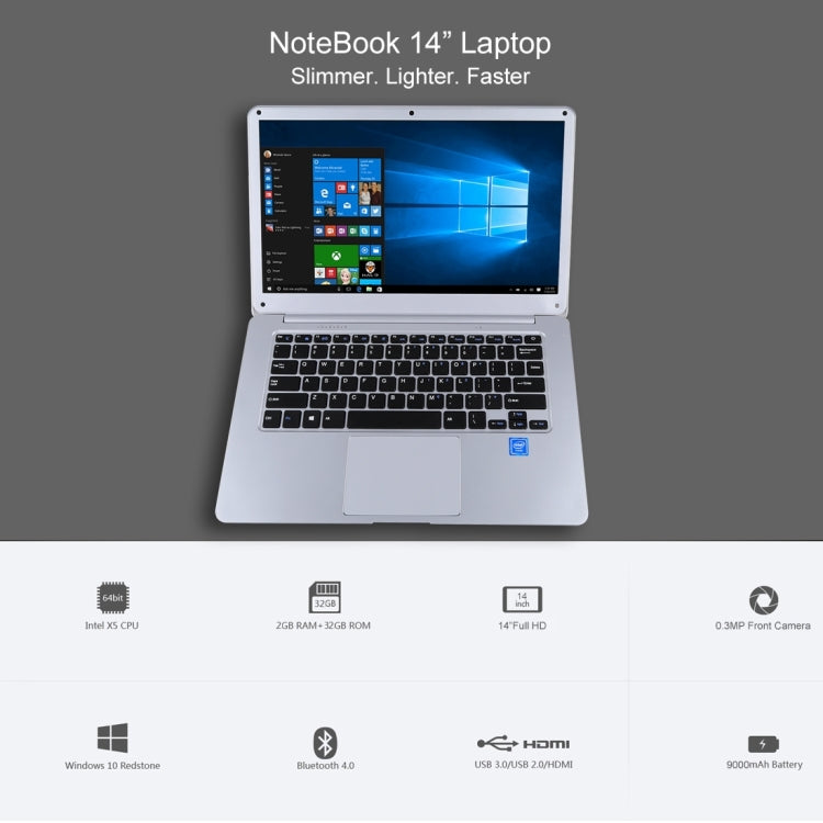 H141-2 Ultrabook, 14.1 inch, 4GB+64GB, Windows 10 Professional Edition Intel N3060 or Intel N3050 or N3350 or Z8350 or Z8300 Quad Core Up to 1.92Ghz, Random CPU Delivery, Support TF Card & Bluetooth & WiFi, US/EU Plug(Silver)
