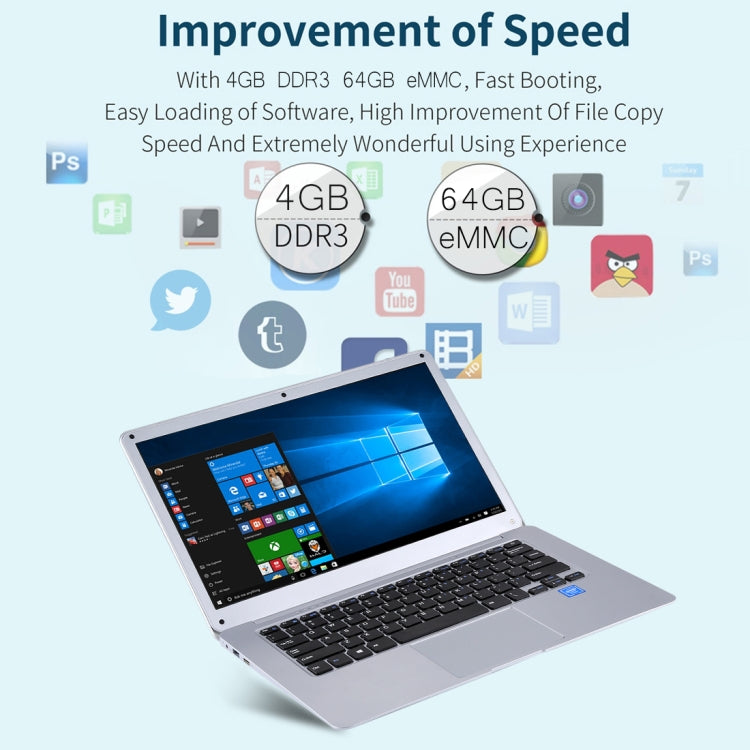 H141-2 Ultrabook, 14.1 inch, 6GB+64GB, Windows 10 Professional Edition Intel N3060 or Intel N3050 or N3350 Quad Core Up to 1.92Ghz, Random CPU Delivery, Support TF Card & Bluetooth & WiFi, US/EU Plug(Silver)
