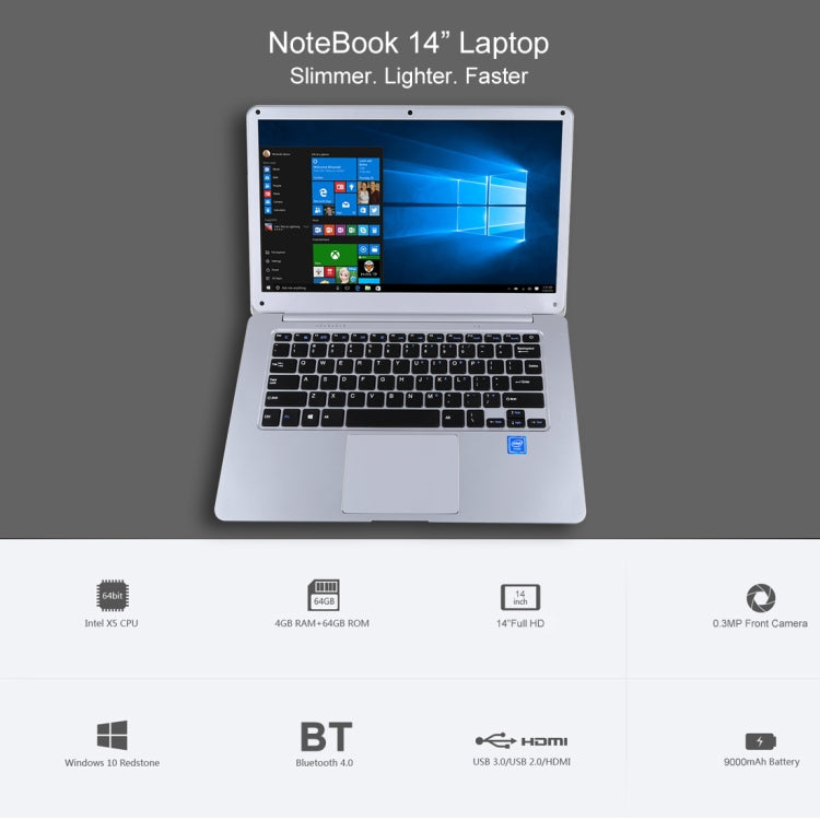 H141-2 Ultrabook, 14.1 inch, 6GB+64GB, Windows 10 Professional Edition Intel N3060 or Intel N3050 or N3350 Quad Core Up to 1.92Ghz, Random CPU Delivery, Support TF Card & Bluetooth & WiFi, US/EU Plug(Silver)