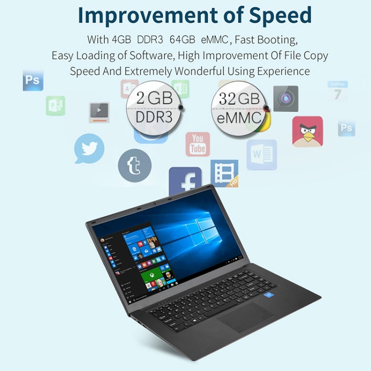 HPC156 Ultrabook, 15.6 inch, 2GB+32GB, Windows 10 Professional Edition Intel N3060 or Intel N3050 or N3350 Quad Core Up to 1.92Ghz, Random CPU Delivery, Support TF Card & Bluetooth & WiFi, US/EU Plug