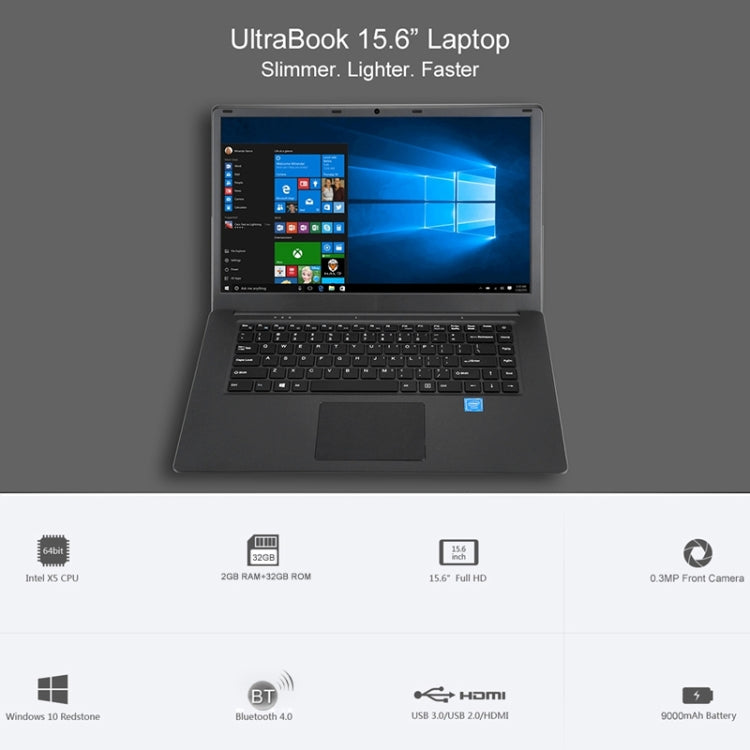 HPC156 Ultrabook, 15.6 inch, 2GB+32GB, Windows 10 Professional Edition Intel N3060 or Intel N3050 or N3350 Quad Core Up to 1.92Ghz, Random CPU Delivery, Support TF Card & Bluetooth & WiFi, US/EU Plug