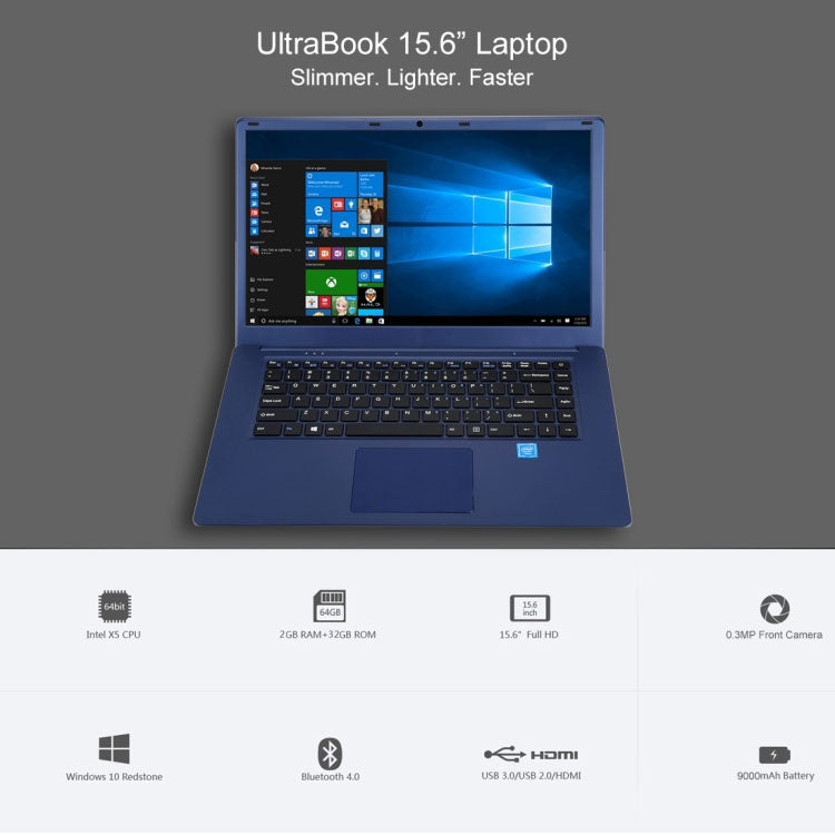 HPC156 Ultrabook, 15.6 inch, 2GB+32GB, Windows 10 Professional Edition Intel N3060 or Intel N3050 or N3350 Quad Core Up to 1.92Ghz, Random CPU Delivery, Support TF Card & Bluetooth & WiFi, US/EU Plug
