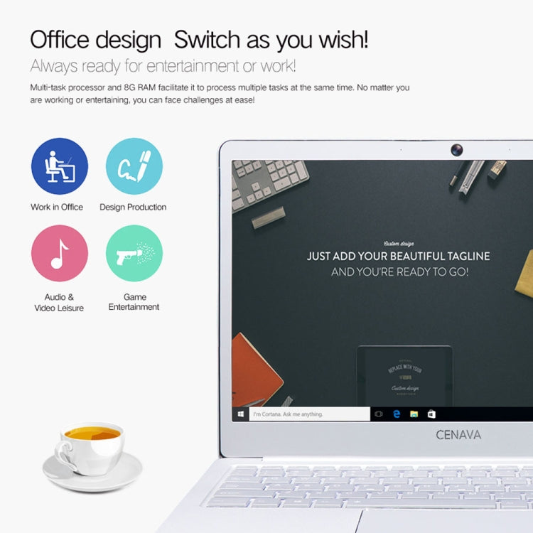 CENAVA P14 Ultrabook, 14 inch, 8GB+256GB, Windows 10 Intel Celeron N4120 Quad Core Up to 2.6GHz, Support TF Card & Bluetooth & Dual WiFi & Mini HDMI, US/EU Plug