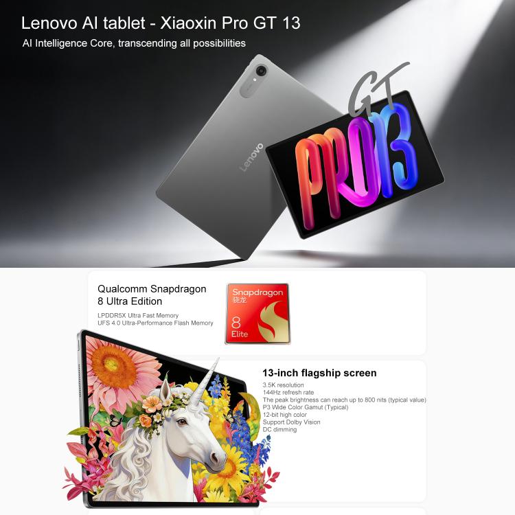 Lenovo Xiaoxin Pad Pro GT13, 13 inch 3.5K AI Learning Tablet WiFi, 8GB+256GB, Android 16, Snapdragon 8 Elite, US Plug  - Grey