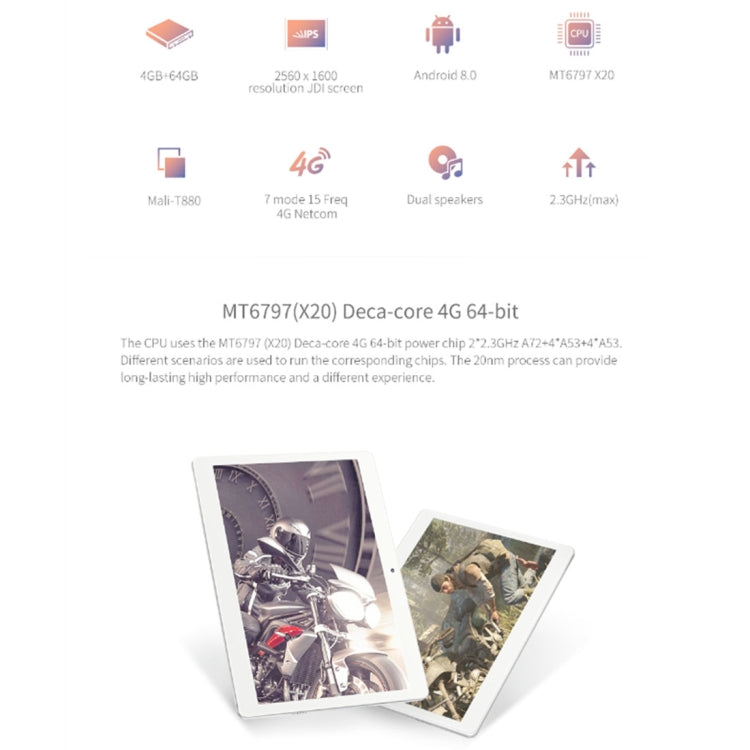 ALLDOCUBE M5 T1006 4G Call Tablet, 10.1 inch, 4GB+64GB, 6600mAh Battery, Android 8.0 MTK X20 (MT6797) Deca Core Up to 2.3GHz, Support OTG & GPS & FM & Bluetooth & Dual Band WiFi & Dual SIM Card(White+Silver)