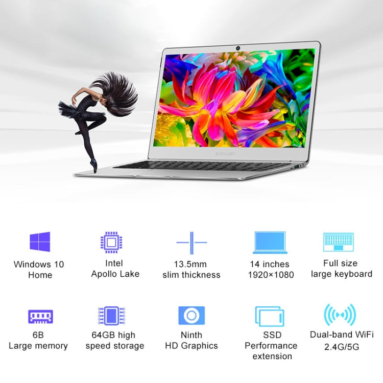 Teclast F7 Laptop, 14.0 inch, 6GB+128GB, 37240mWh Battery, Windows 10 Home, Intel Apollo Lake N3450 Quad Core 1.1GHz-2.2GHz, Support TF Card & WiFi & Micro HDMI & Bluetooth(Silver)
