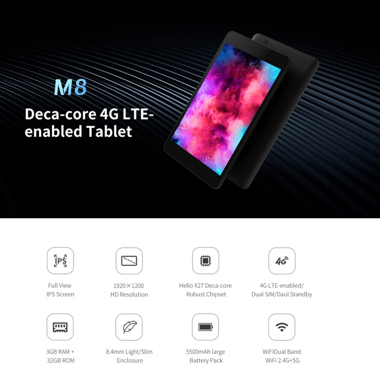 ALLDOCUBE M8 4G Call Tablet, 8.0 inch, 3GB+32GB, 5500mAh Battery, Android 8.0 Oreo MTK X27 (MT6797X) Deca Core Up to 2.6GHz, Support OTG & GPS & FM & Bluetooth & Dual Band WiFi & Dual SIM(Black)