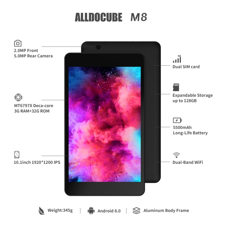 ALLDOCUBE M8 4G Call Tablet, 8.0 inch, 3GB+32GB, 5500mAh Battery, Android 8.0 Oreo MTK X27 (MT6797X) Deca Core Up to 2.6GHz, Support OTG & GPS & FM & Bluetooth & Dual Band WiFi & Dual SIM(Black)