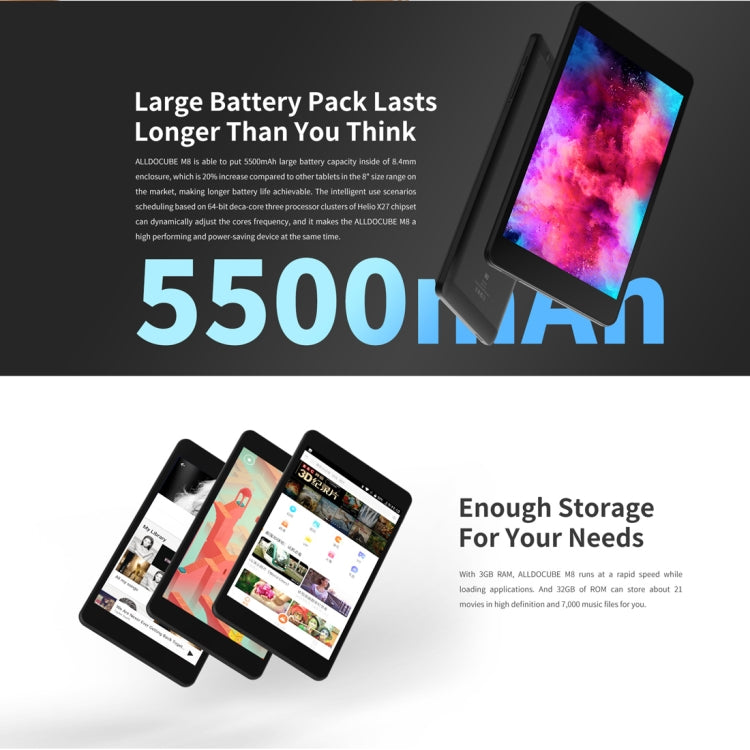 ALLDOCUBE M8 4G Call Tablet, 8.0 inch, 3GB+32GB, 5500mAh Battery, Android 8.0 Oreo MTK X27 (MT6797X) Deca Core Up to 2.6GHz, Support OTG & GPS & FM & Bluetooth & Dual Band WiFi & Dual SIM(Black)