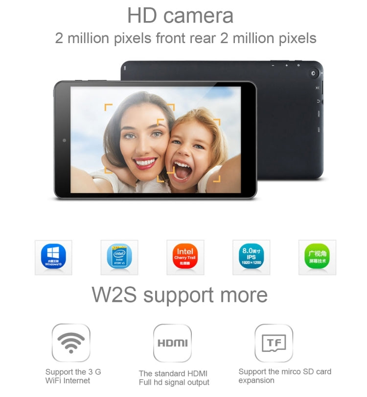 PiPo Work-W2S Tablet, 8 inch, 2GB+32GB, Windows 10, Intel Z8350 Quad Core 1.84GHz, Support OTG, HDMI(Black)